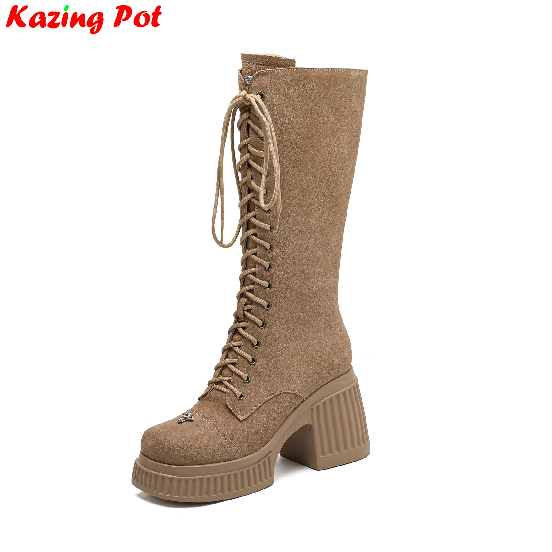 Krazing Pot Cow Suede Super High Heels Western Boots Warm Winter Shoes Platform Rhinestone Luxury Elegant Women Mid-calf Boots