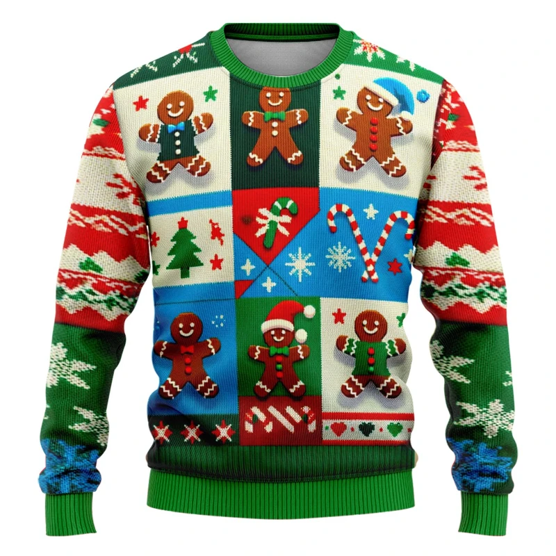Unisex Xmas Sweatshirt Gingerbread Man Cartoon Graphic O‑Neck Long Sleeve Pullover Christmas Festival Party Tops