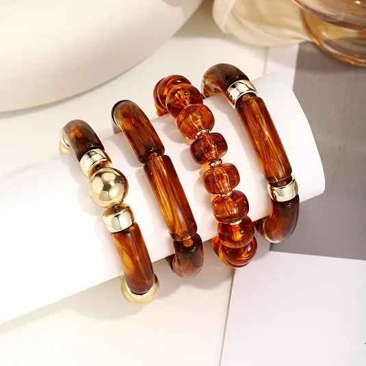 Vintage 4pcs/set Tortoise Shell Amber Resin Bracelet Set Multi‑layer Stackable Stretch Bangle Fashion Jewelry Gift