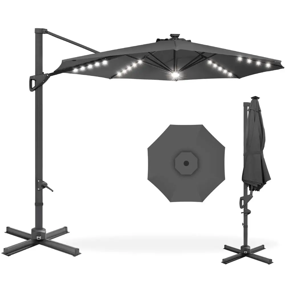 

10ft Solar LED Cantilever Patio Umbrella, 360Degree Rotation Hanging Offset Market Outdoor Sun Shade for Backyard, Deck, Poolsi