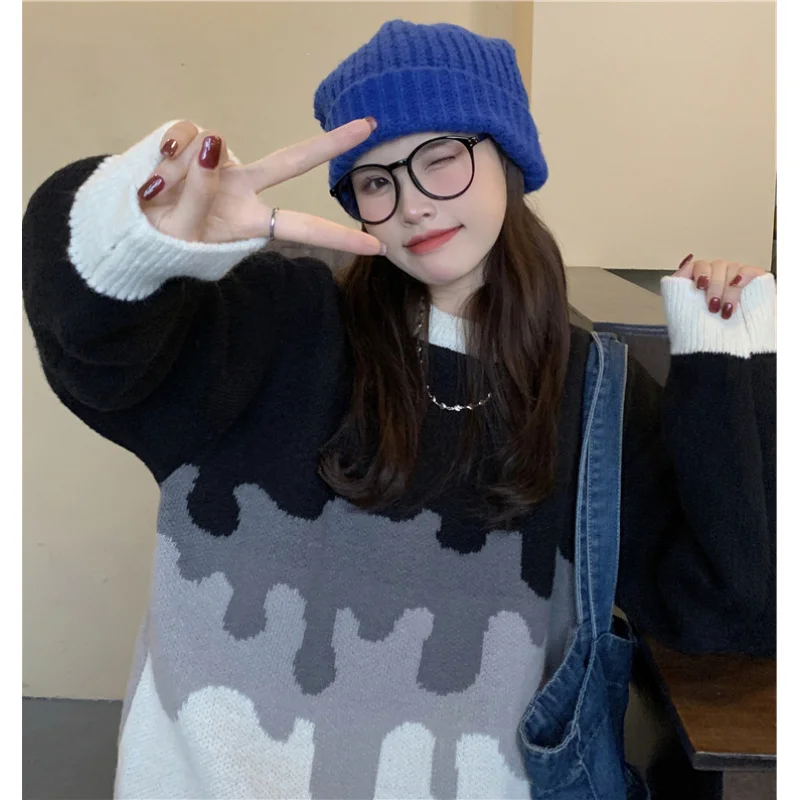 

2025Hot New Lazy Color-Block Knitted Sweater Top Lazy Style Klein Blue Sweater Women Thickened Autumn and Winter Clothing