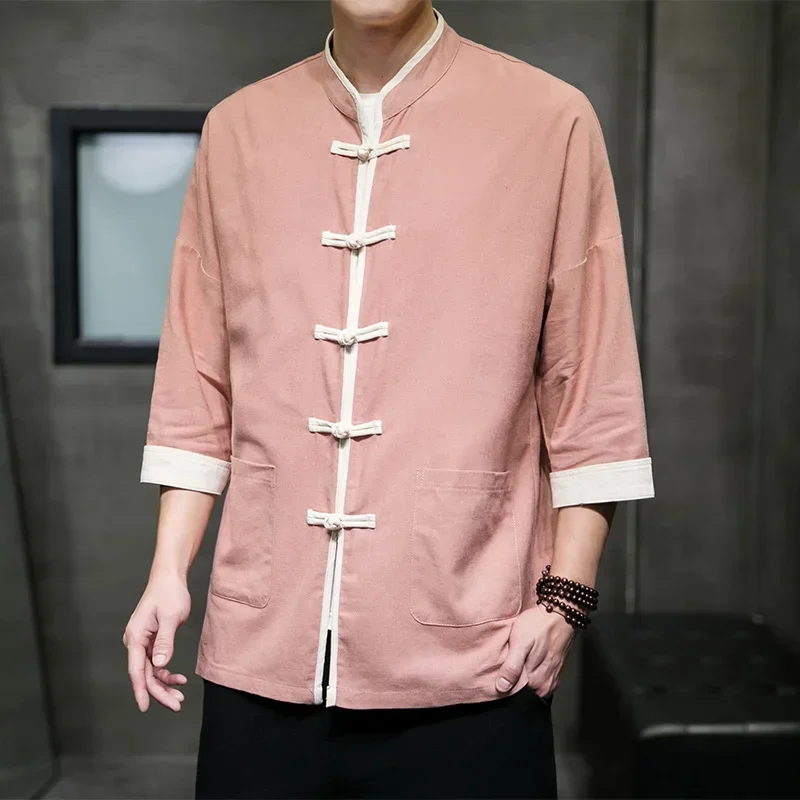 Chinese Style Cotton Linen Shirt Retro Large Size Stand Up Collar Coat Men Clothing Spring Long Sleeve Harajuku Top Tang Suit