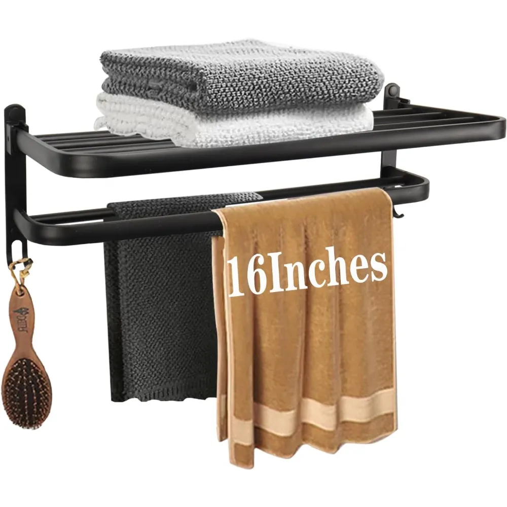Bathroom Towel Rack with Double Bar and Foldable Shelf, Rust-Resistant Wall-Mounted Organizer