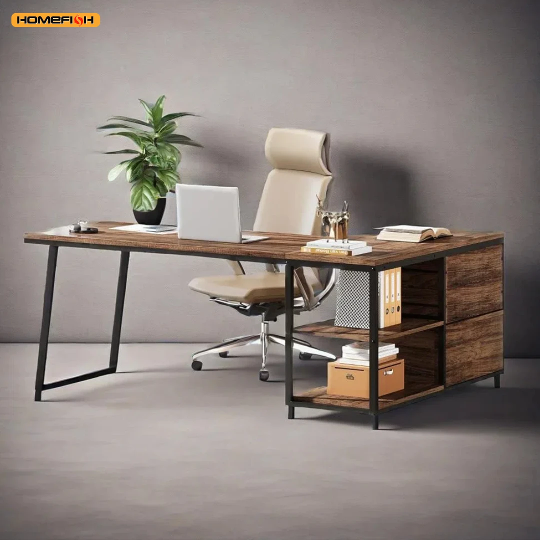 مكتب مكتب على شكل حرف L، مكتب كمبيوتر زاوية قابلة للعكس مع 3 أدراج ملفات ورفين تخزين للمكتب المنزلي والدراسة #5