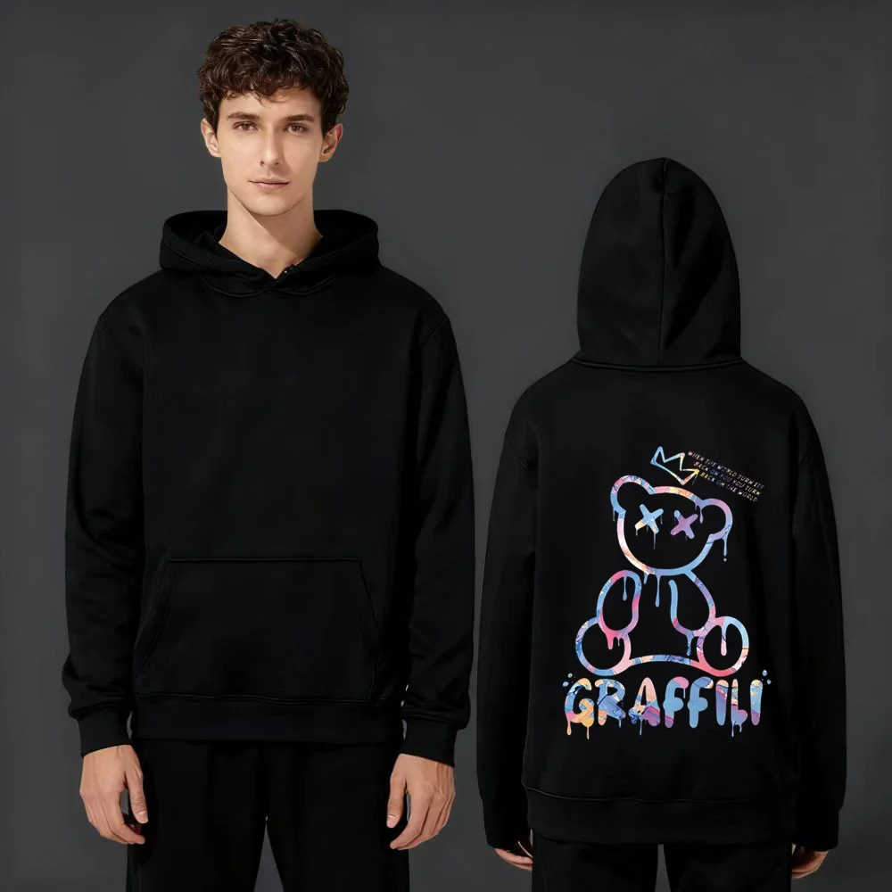 

2025 New Fashion 330gsm Heavyweight Hoodie with Graffiti Bear Crown and GRAFFILI Print Back Comfortable Unisex Sweatshirt