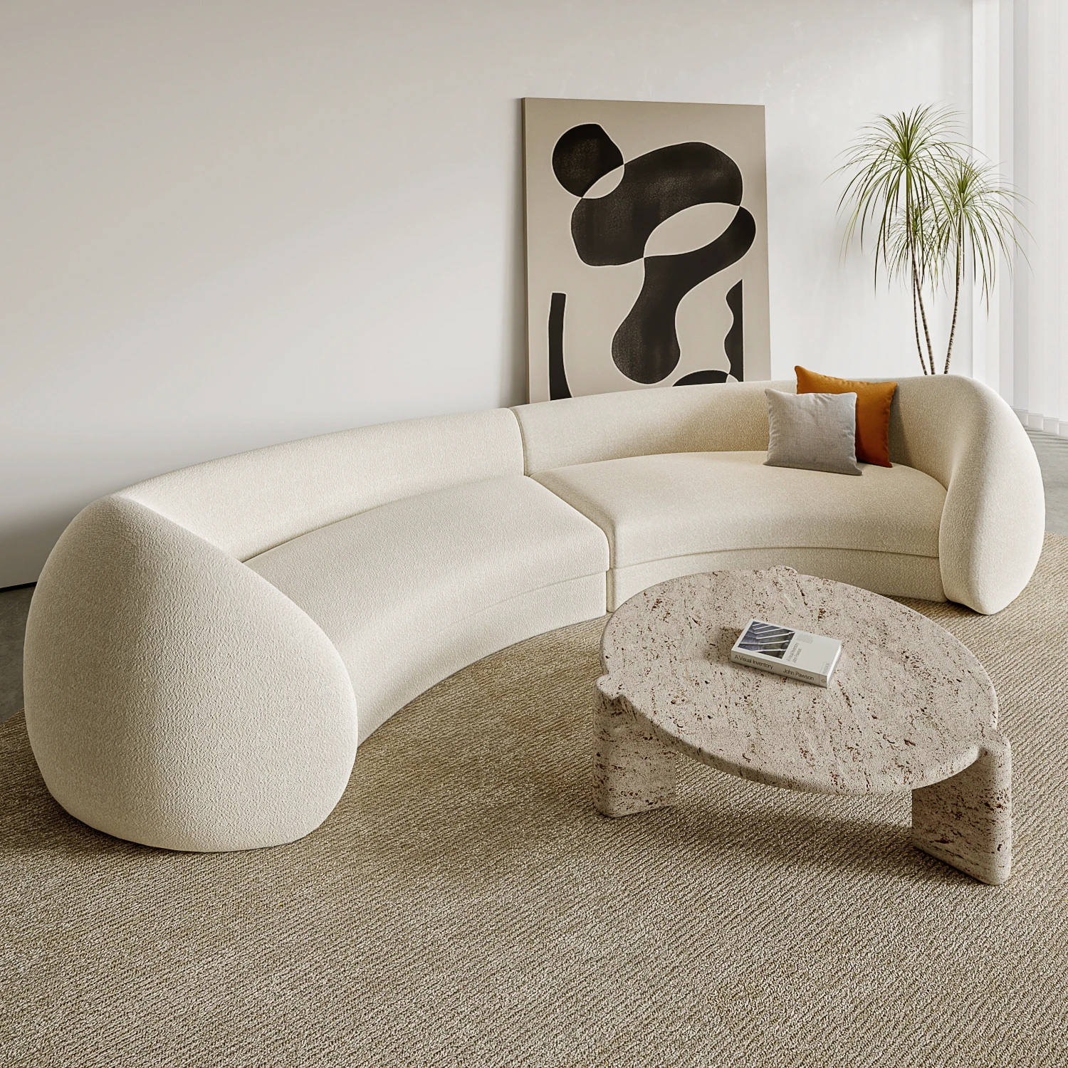 

Minimalist White Fabric Half Moon Shape Sectional Sofa Modern Round Couch Hotel Lobby Circular Sofa Special Shaped Cashmere Sofa