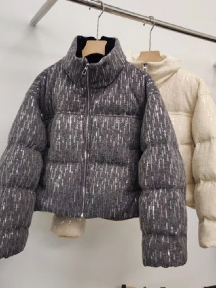 Jacket Autumn Winter New Sparkling Sequined Loose Stand Collar Sweetheart Simple Elegant Short Warm 90 Fill Ladies Outerwear