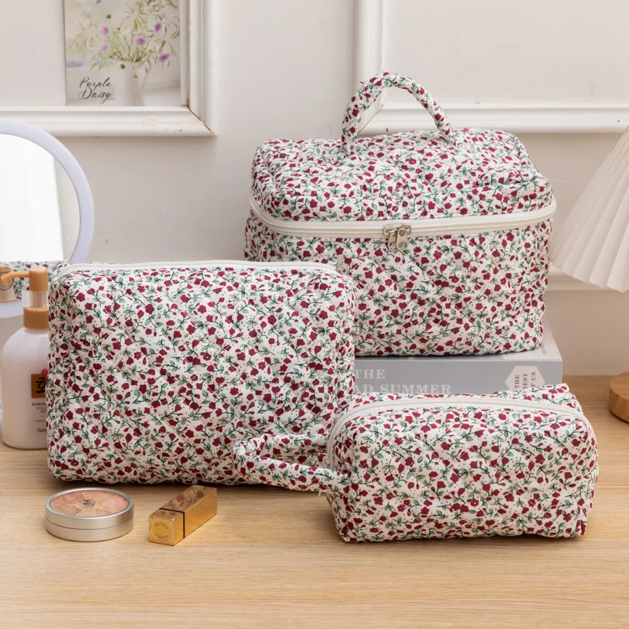 3 Pcs Cotton Quilted Makeup Bag Set,Floral Makeup Bag, Travel Makeup Bag,Large Toiletry Cosmetic Bag Makeup Bag Organizer