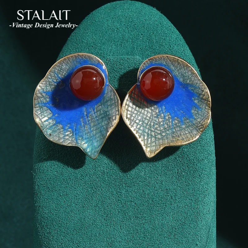 

Vintage Big Enamel Blue Red Agate Earrings Stud Gold Color Leaves Natural Pomegranate Luxury Brand Designer Antique Jewelry