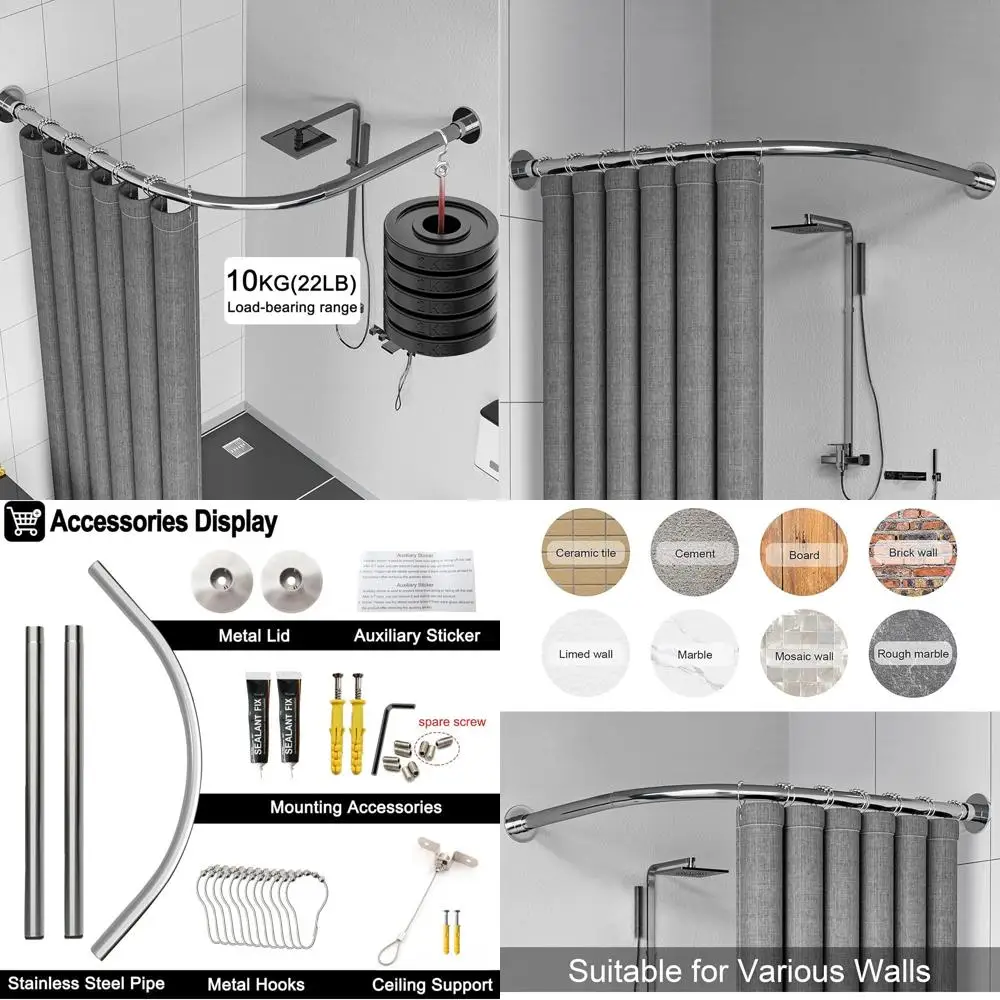 

Adjustable L-Shaped Shower Curtain Rod, 29.5-37.4 Diameter, No-Drill Mounting, Ideal for Bathrooms and Bathtub.