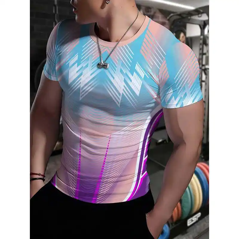 Men Light Blue Pink Purple Gradient Multi-Layer V-Striped Tight Short Sleeve High-Elastic Quick-Dry Breathable Round Neck Gym Ir