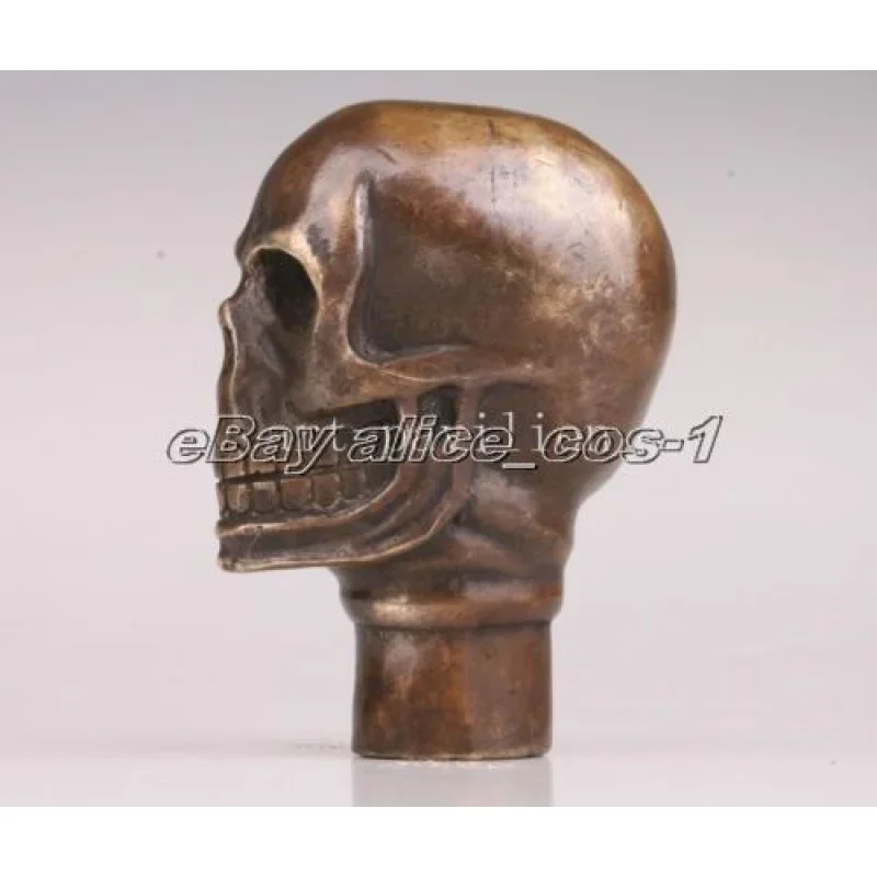 lucky Old Bronze Hand Carved skull Cane Walking Stick Head Statue