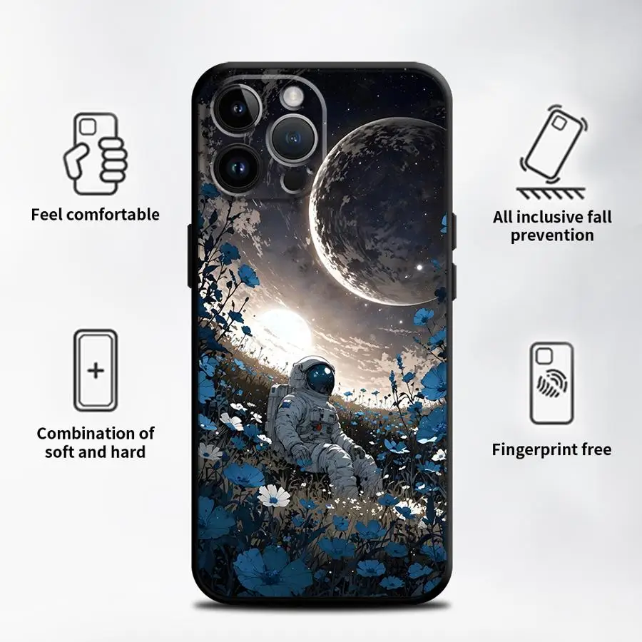 حافظة لهاتف آيفون 17 اير 13 12 11 17 برو ماكس 7 8 XR 15 16 14 Plus XS Max غطاء هاتف ناعم أسود كارتون جالاكسي رائد الفضاء #5