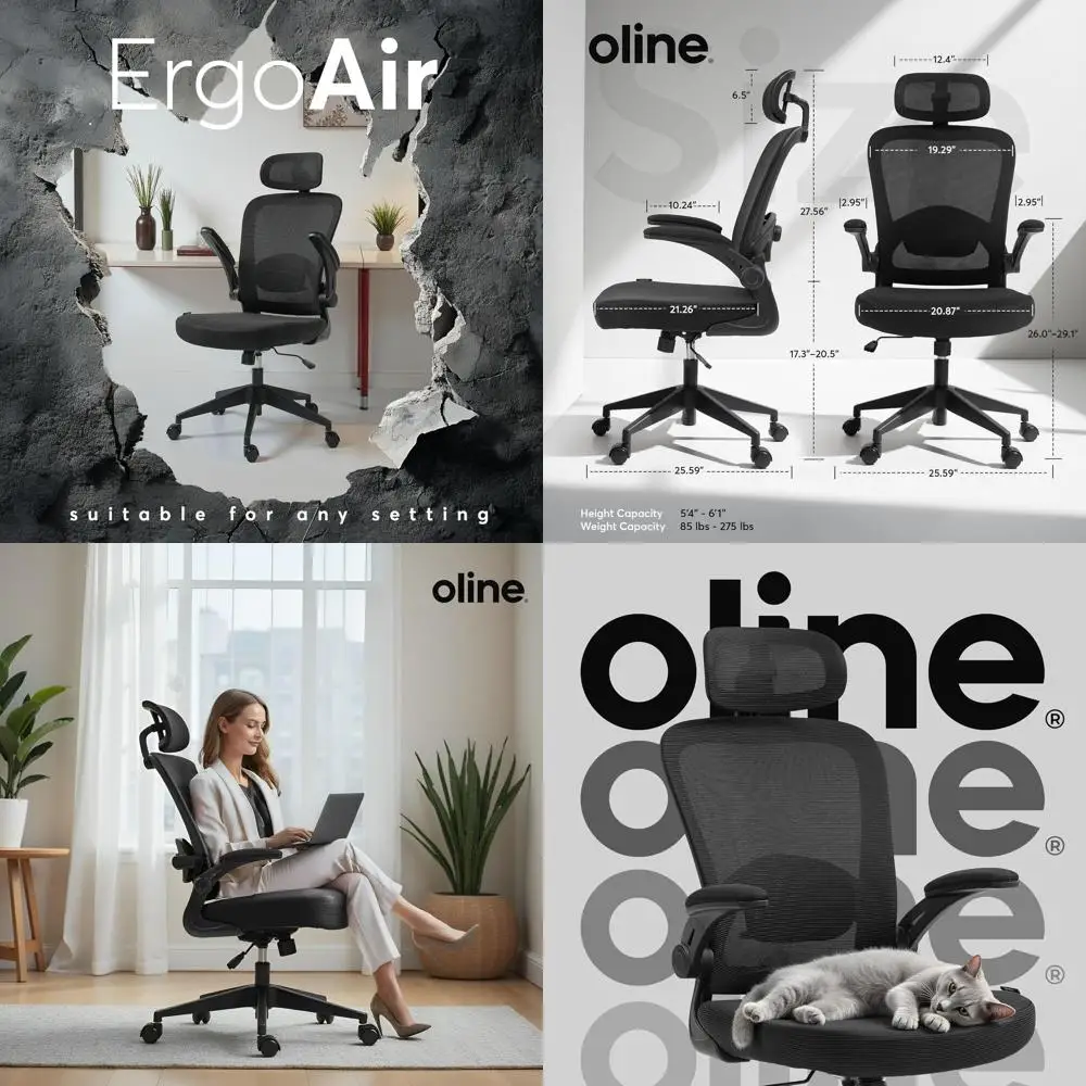 

Эргономичное поворотное кресло с регулируемой поясничной опорой и откидными подлокотниками для домашнего офиса и игр (черное)