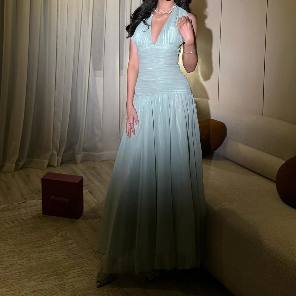

Customized A-line Evening Dresses Ankle-length V-neck Sleeveless Prom Gown Fashion Pleat Simple Draped Backless Party Gown