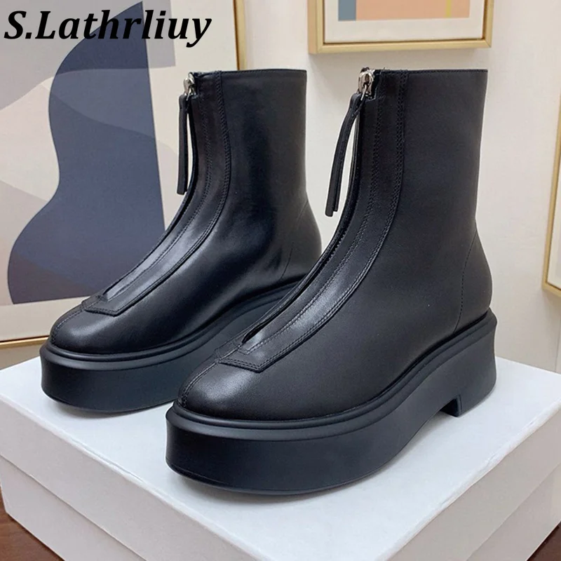 

Women's Real Leather Thick Soled British Style Short Boots Platform Zipper Design Ankle Botas Female Autumn/Winter Riding Boots