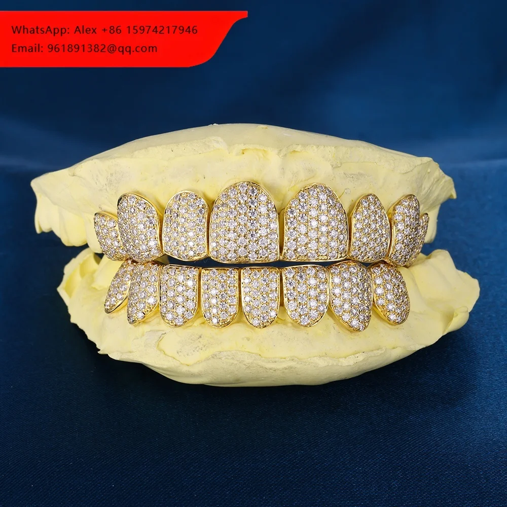 

Custom Top & Bottom 8 S925 Silver Yellow Gold Plated Solid VVS Moissanite Lab Diamond Bling Perm Cut Teeth Grillz For Men Women