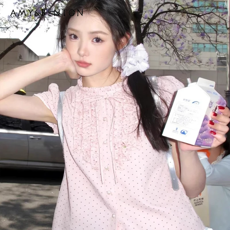 

Pink Polka Dot Women's Short-sleeved Shirt 2026 Summer New Sweet Cute Bow Y2k Fungus Edge Age-reducing Versatile Shirts Ladies