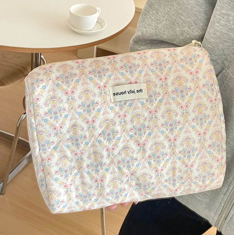 Saco de maquiagem acolchoado de algodão vintage para mulheres, bolsa de armazenamento de batons, grande capacidade, novo, 1pc