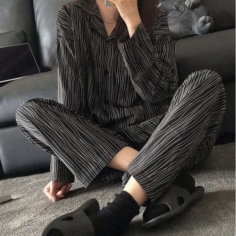 

Pajama Set Women Autumn Preppy Style Korean Zebra Striped Black Vintage Spleepwear Elastic High Waist Full Length Trousers Loose