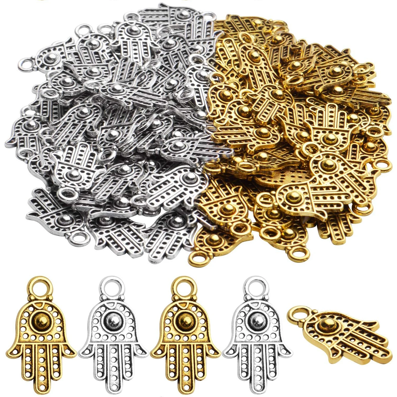 

100 шт. подвесок-талисманов: Рука Фатимы (Хамса), Злой глаз, Филигрань. Для изготовления ювелирных изделий своими руками: ожерелий, браслетов, серег.