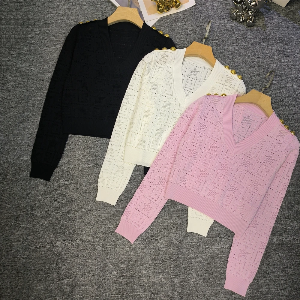 High-End Parisian Design Star Embroidery Hollow Metal oulder Bule Decorative V-Ne Versatile Knitted Top Women's Faion