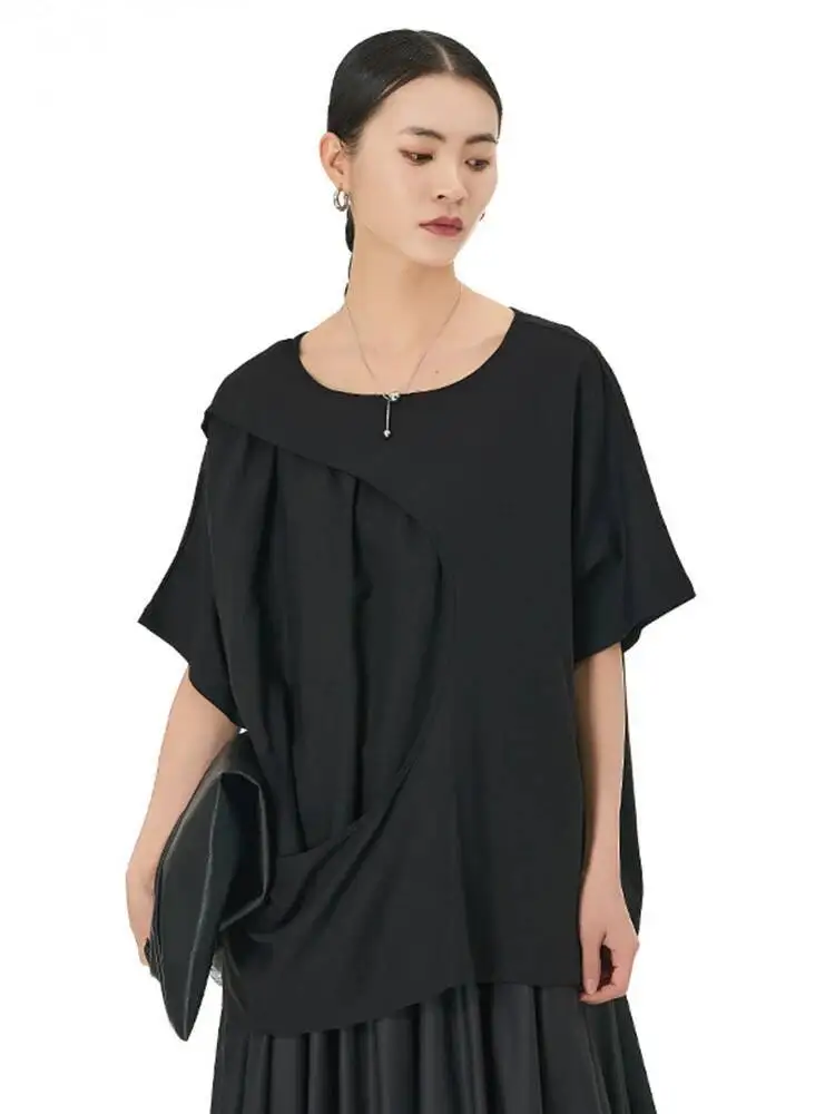 Women Black Irregular Spliced Big Size Casual T-shirt New Round Neck Short Sleeve Fashion Tide Spring Summer