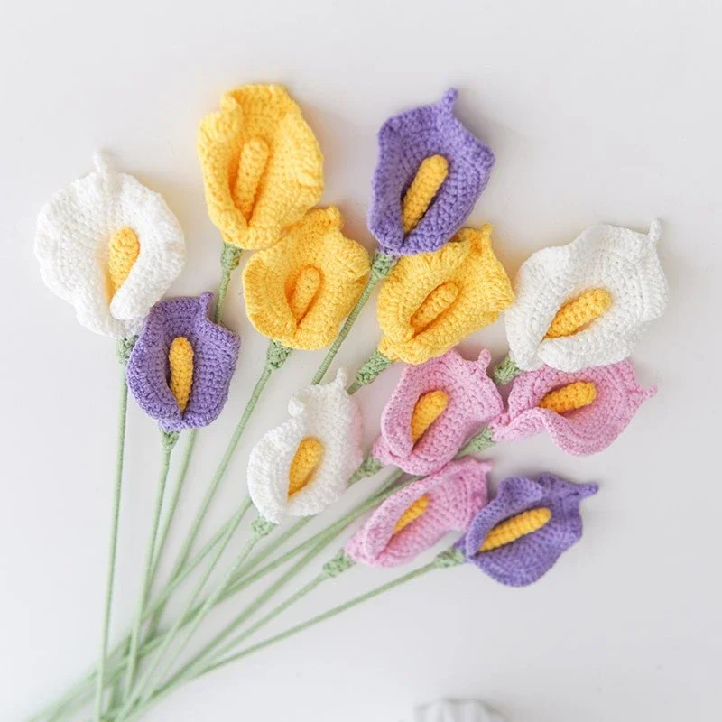 Producto terminado de flores de lana hecho a mano, ramo de lirio de Cala de ganchillo tejido simulado, arreglo floral de oficina, regalo de decoración