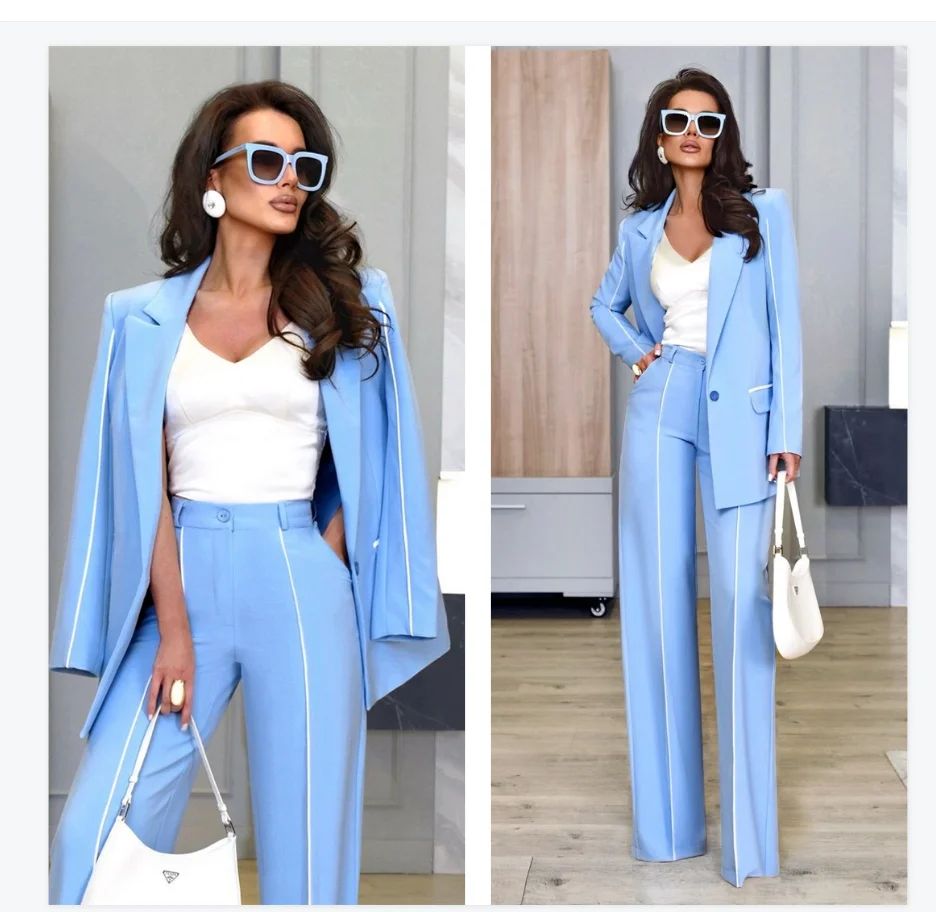 

Light Blue Women Suit Set 2 Pcs Blazer Pants Trousers With White Stripe Formal Office Lady Jacket Customized Wedding Cotton Coat