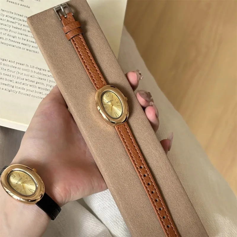 

Small Oval Beautiful Watches for Women Girl Vintage Leather Stainless Steel Strap Quartz Minimalist Ladies Wristwatches