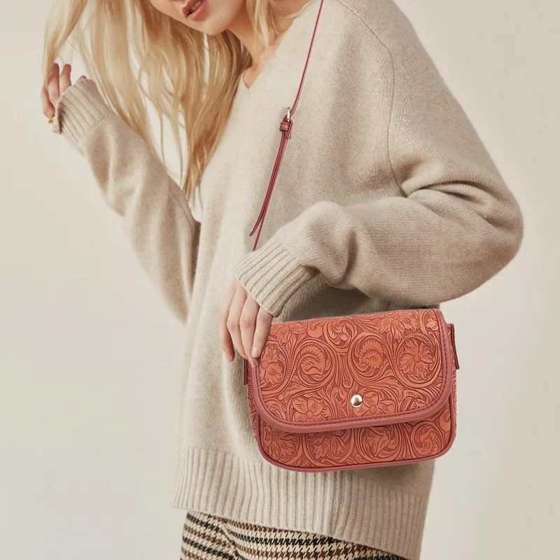 Tas Selempang Wanita Kulit Model Lipat Klasik Bentuk Kotak Kecil Motif Bunga Fashion 2025, Tas Multifungsi untuk Kerja