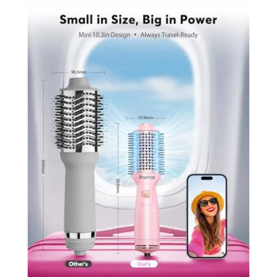 Travel Hair Dryer Brush for on-the-go use, ceramic-coated barrel in rose gold, dual voltage 100V-240V for worldwide compatibili - view 2