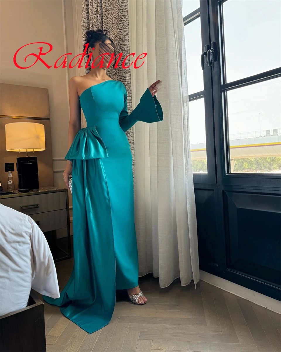 カスタマイズされたクラシックブルージャージイブニングドレス繊細なワンショルダーフレアスリーブハーフスリーブジッパーバック特別な日のガウン