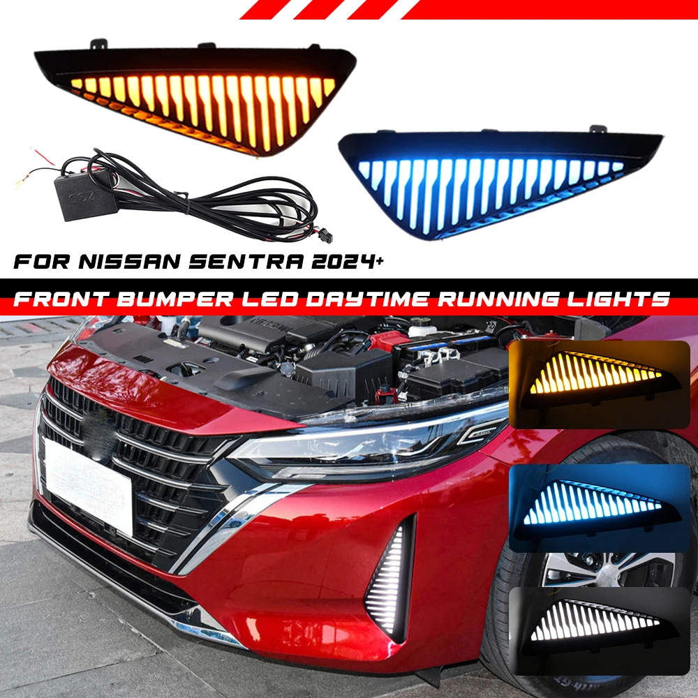 1 Pair 3-Colors Add-On Front Bumper LED Daytime Running Lights For Nissan Sentra Facelift 2024+