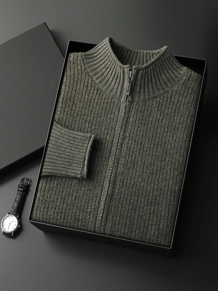 Autumn Winter Men\'s 100% Cashmere Sweater Thick Mock Neck Zipper Cardigan Coat Basic Smart Casual Style Cashmere Knitwear Tops