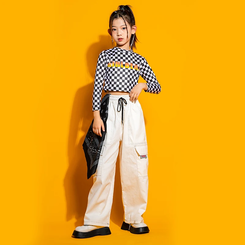 Kids Cool Hip Hop Clothing Checkered Sweatshirt Crop Tank Tops Casual Streetwear Cargo Pants For Girl Jazz Dance Costume Clothes