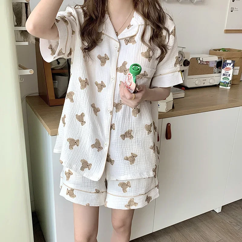 Cartoon Bear Summer Pajamas Set Women Kawaii Funny Home Suit Soft Single Breasted Kawaii Shirts + Shorts Set Two Piece Sleepwear