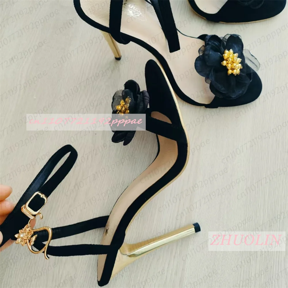 Women Black Tulle Flower Stiletto Sandals Open Toe Gold Heel Ankle Strap Suede Gold Charm Elegant Sexy Wedding Bride Party Shoes - view 2