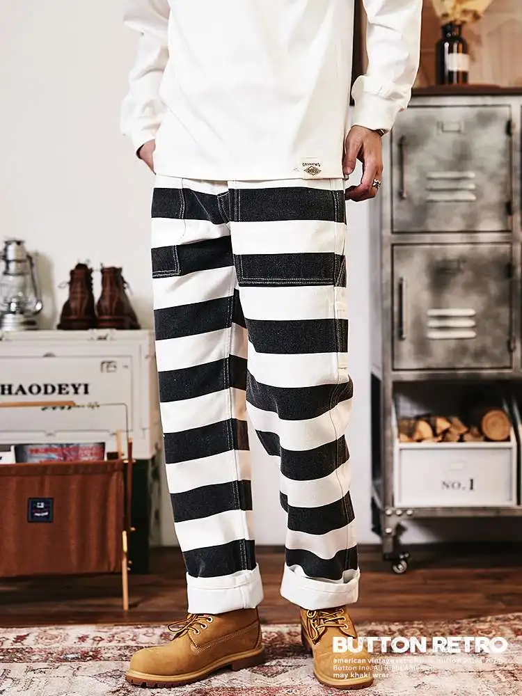 

American Retro Amikaji Long Thick Straight Leg Black and White Striped Casual Work Pants for Men