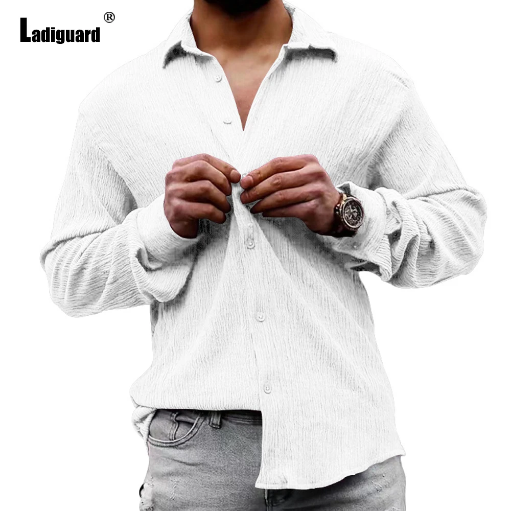 

Ladiguard 2023 Europe Fashion Leisure Blouse Plus Size 3xl Men Long Sleeves Basic Top White Khaki Casual Shirt blusas hommes