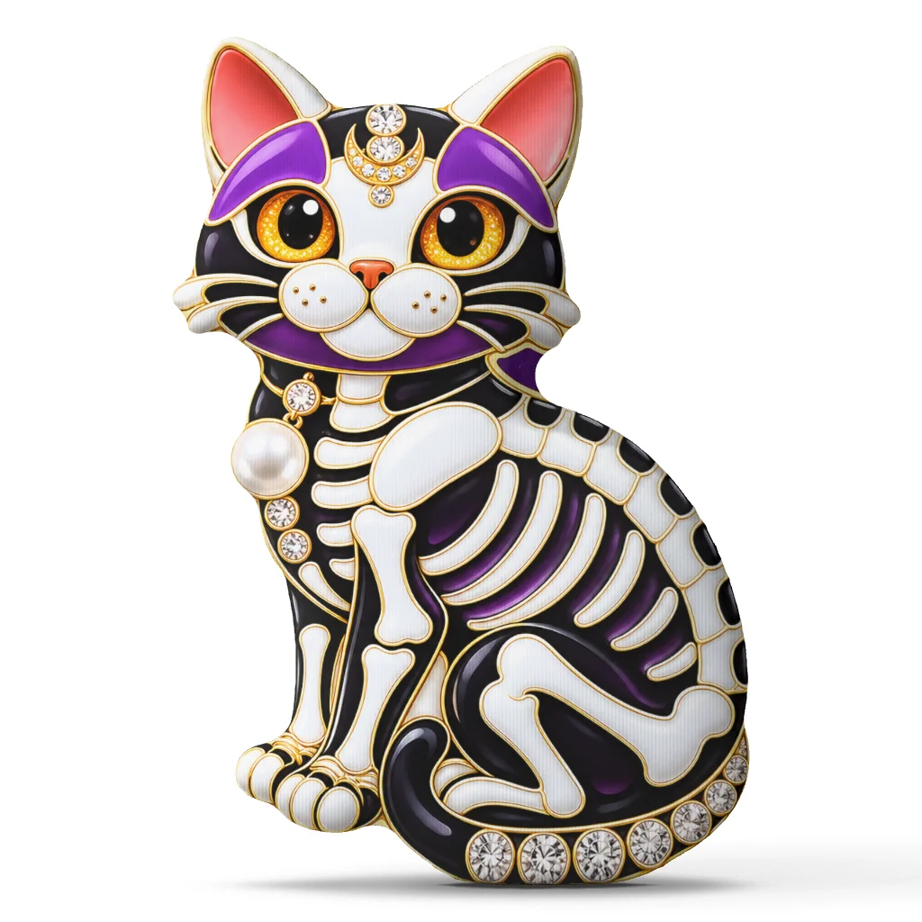 Skeleton Cat Shaped Pillow Jeweled Gothic Halloween Throw Cushion Day of the Dead Home Decor Cat Lovers Gift Sofa Accent