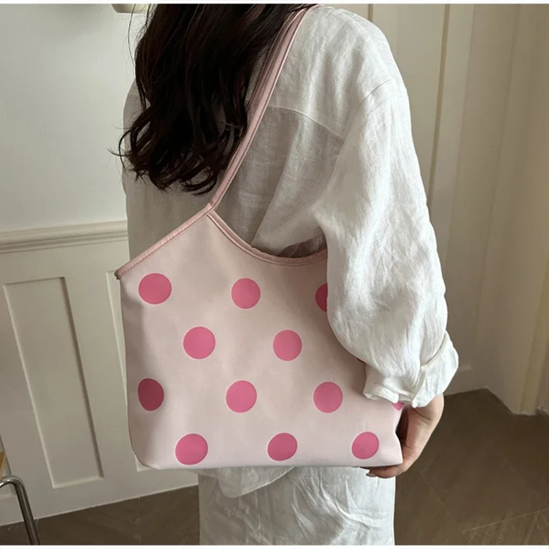 Koreanische Schultertasche mit Polka-Dot-Muster, Vintage-Kunsthandwerkliche Canvas-Tragetasche für Damen, lässige Alltagstasche mit Henkel. – Detail 13