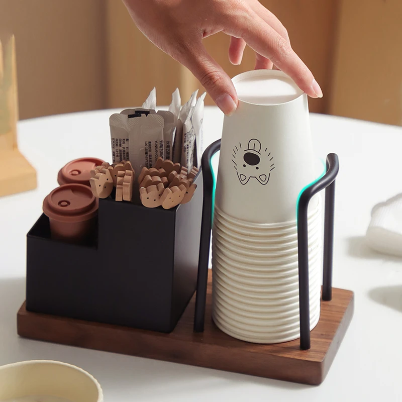 Wood Coffee Station Organizer Paper Cup Holder Coffee Condiment Tea Bags Storage Rack for Home Kitchen Office