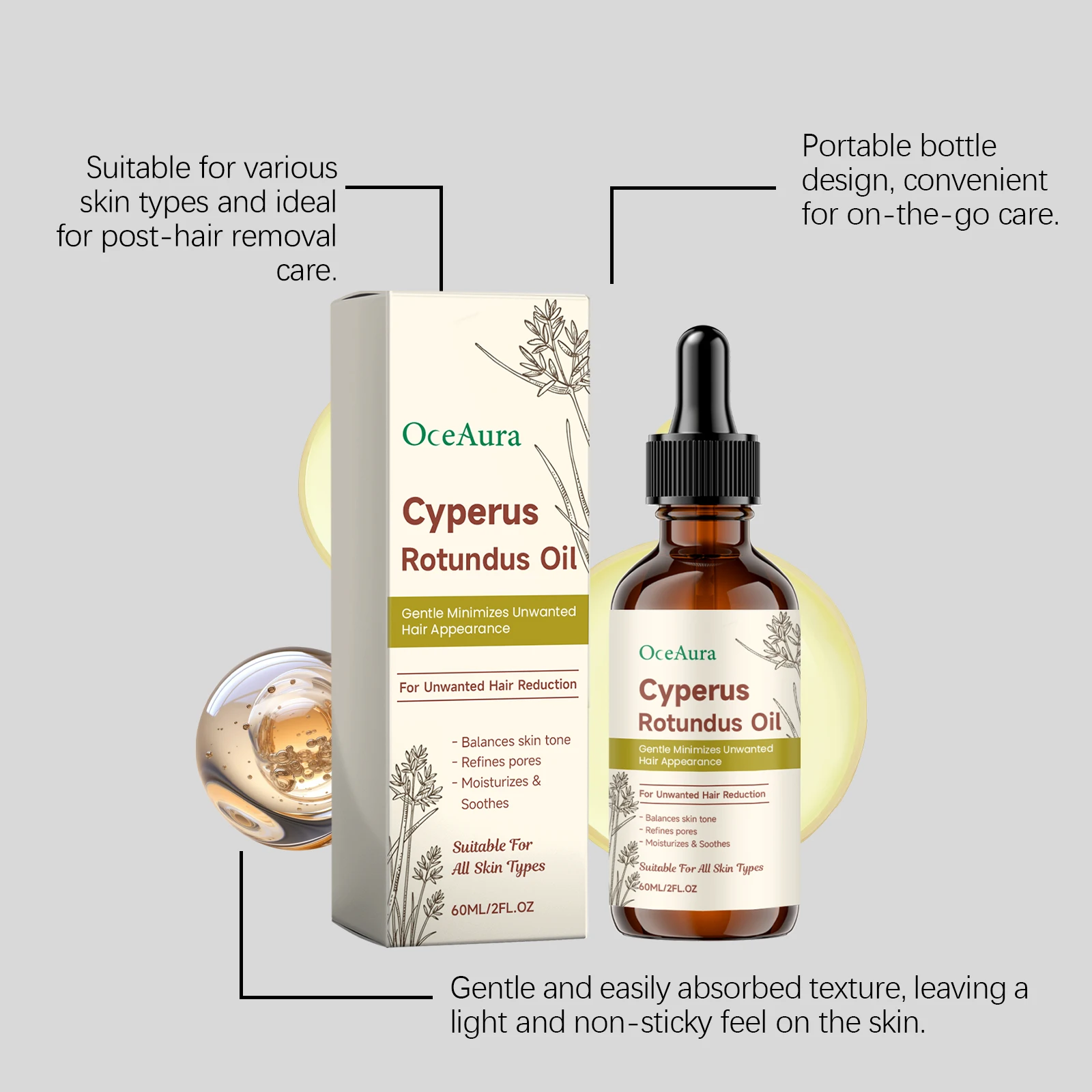 Cyperus Rotundus Hair Removal Oil Smooth Skin Deep Hydration Soothe Dry Tight Redness Tighten Pores Hair Growth Delay Essence view 4