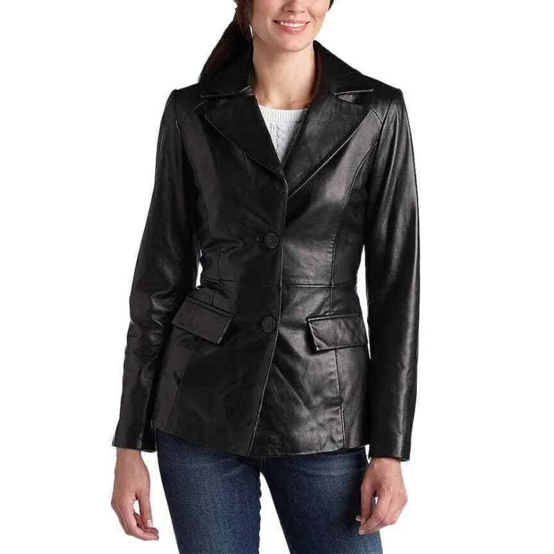 Women Genuine Lambskin Leather Blazer Basic Jacket Slim Fit Designer Black Coat