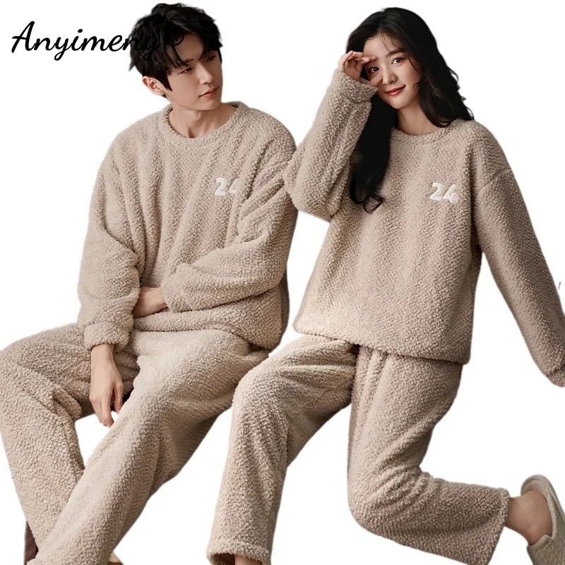 Solid Winter Lovers Sleepwear Couple Fluffy Pajamas Casual Teddy Pullover Homesuit Korean Chic Thick Teddy Thermal Velvet Pyjama