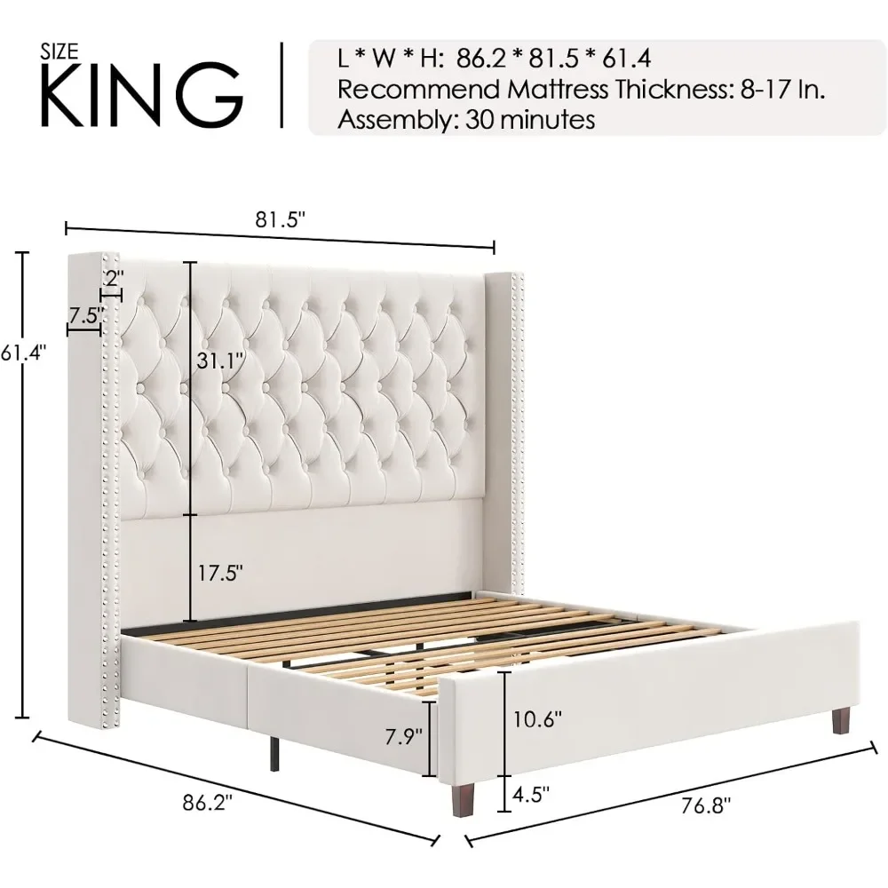 Marco de cama de plataforma King, cabecero hecho a mano de 61,4 pulgadas, tapizado alto de terciopelo, botón profundo, cosido/No requiere resorte de caja