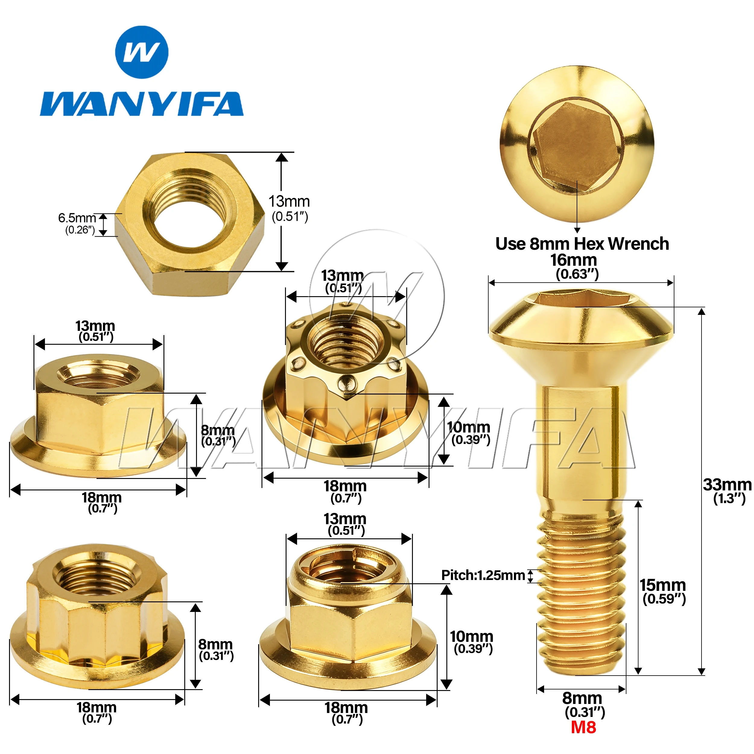 Wanyifa Titanium bolt M8x33mm Torx Head Screws Flange Hex Nuts Set for Motocross Sprocket Rear Disc Chainwheel Fastener set