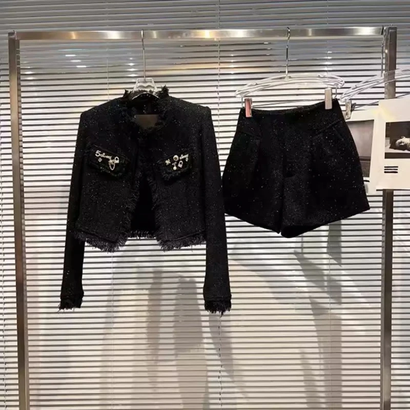 Women Small Fragrant Style Two Piece Set Autumn Long Sleeve Rhinestone Pins Cardigans Tweed Jacket Bright Silk Shorts