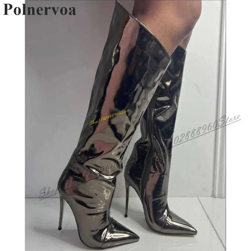 Knee High Luxury Beveled Gold Mirror Boots Thin High Heel Women Shoes Side Zipper Pointed Toe 2024 Fashion Zapatos Para Mujere